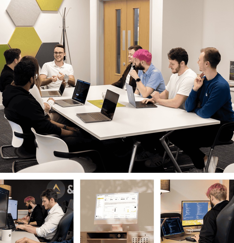 The &Element team at work - collaborating in the meeting room, building Growth Hub, and shipping product