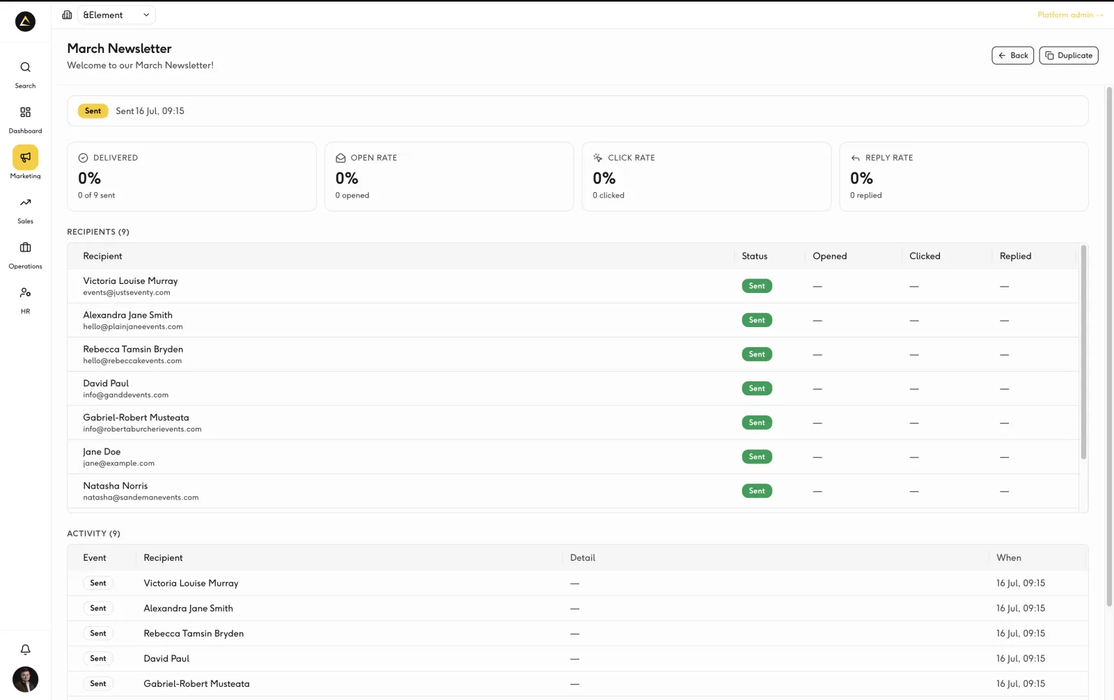 Email engagement analytics linked to a contact timeline