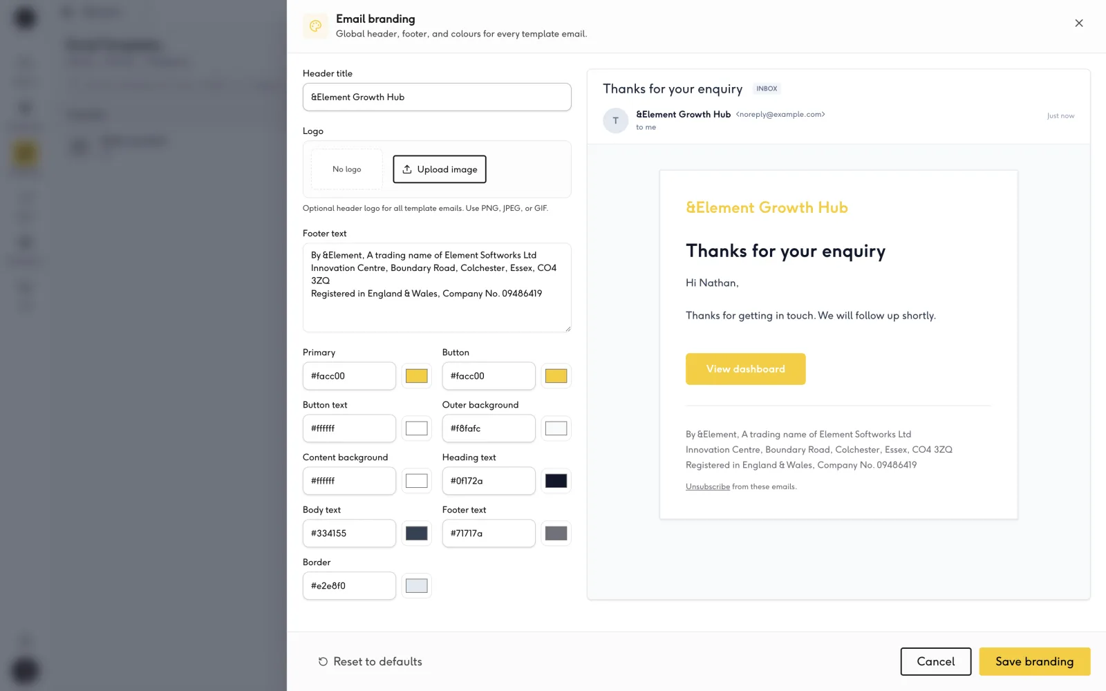 Drag-and-drop email builder with brand styling