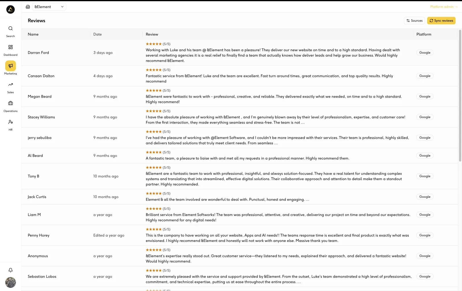Combined review feed from Google, Trustpilot and Reviews.io