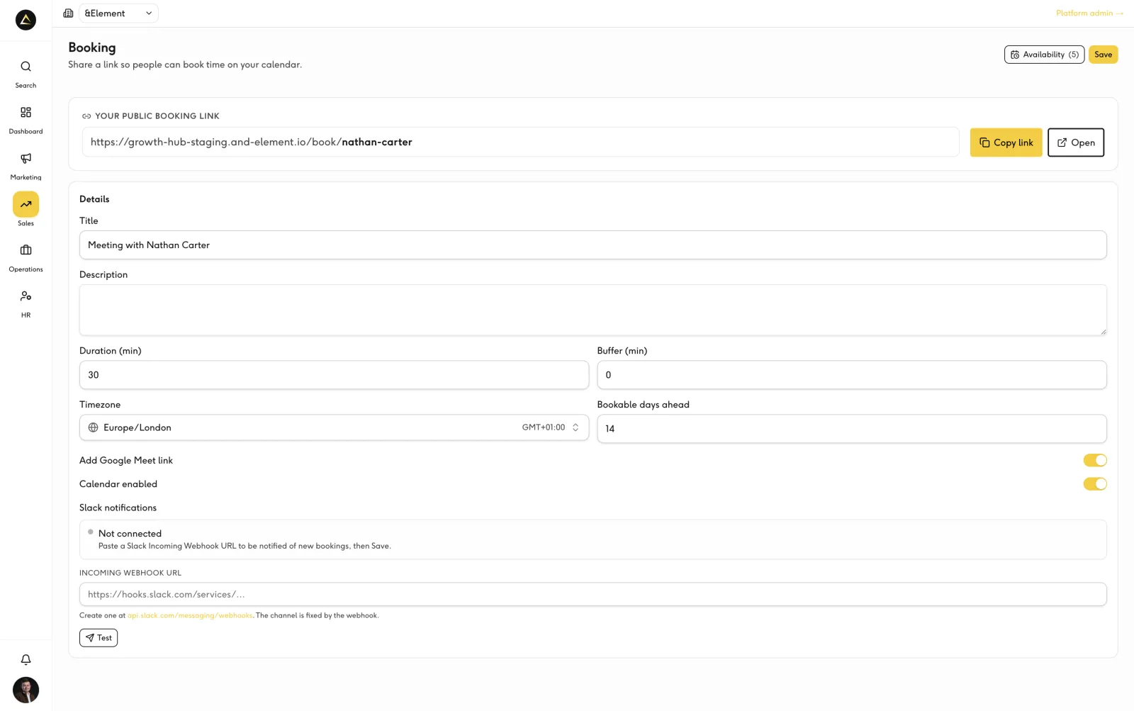 A personal booking link synced with Google Calendar